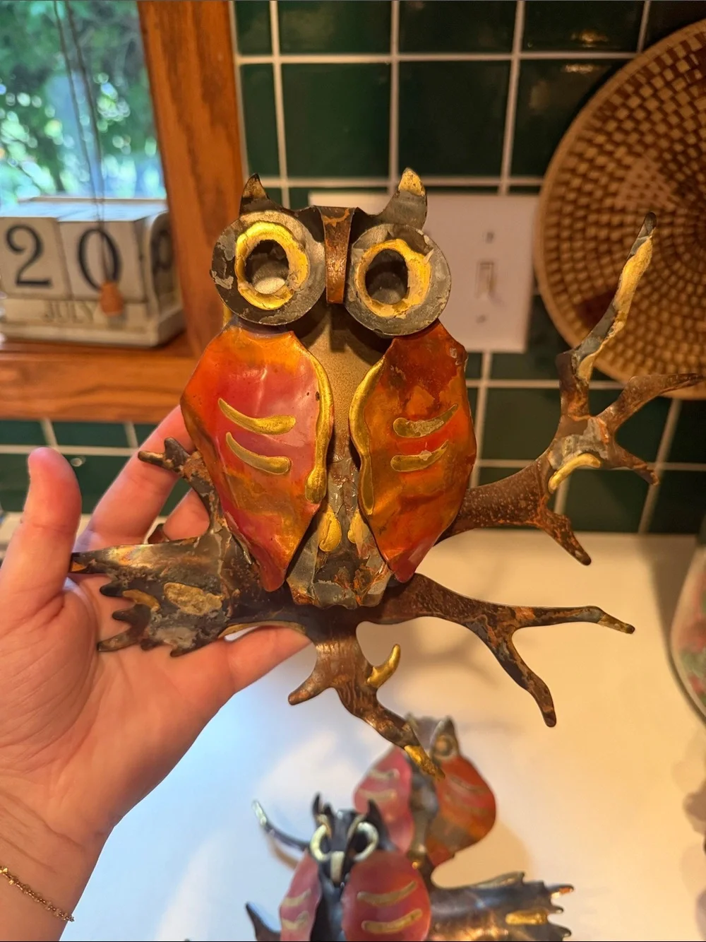 MCM Brutalist Metal Owl Wall Art Hanging Sculpture Gold Enamel Home Interiors X2